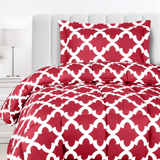 - Comforter Bedding Set with 1 Pillow Sham - Bedding Comforter Sets - Down Alternative Comforter - Soft and Comfortable - Machine Washable, Quatrefoil Red, Twin