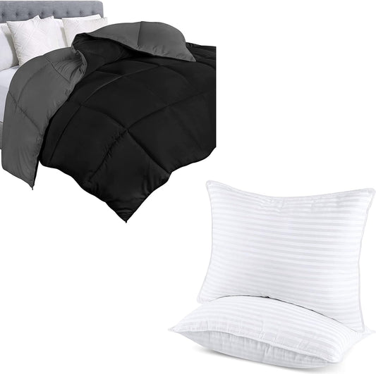 1 Comforter Duvet Insert Black/Grey with 2 Pack Bed Pillows White (Queen)