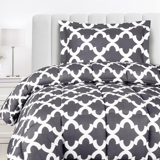 - Comforter Bedding Set with 1 Pillow Sham - Bedding Comforter Sets - Down Alternative Comforter - Soft and Comfortable - Machine Washable, Quatrefoil Gray, Twin