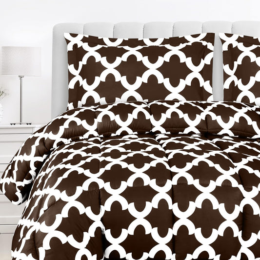 - Comforter Set with 2 Pillow Shams - 3 Pieces Bedding Comforter Sets - Down Alternative Comforter - Soft and Comfortable - Machine Washable, Quatrefoil Chocolate, King