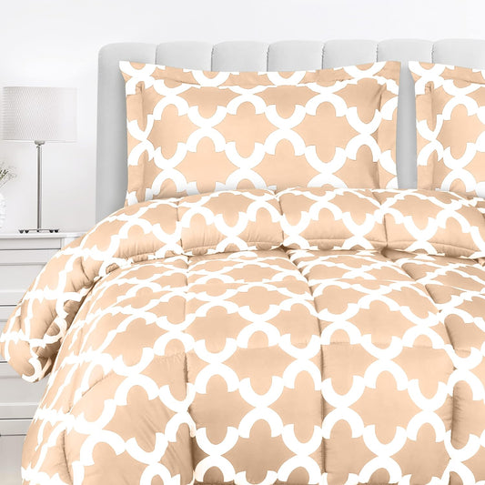 - Comforter Bedding Set with 2 Pillow Shams - Luxurious Brushed Microfiber - Down Alternative Comforter - Soft and Comfortable - Machine Washable, Quatrefoil Beige, King