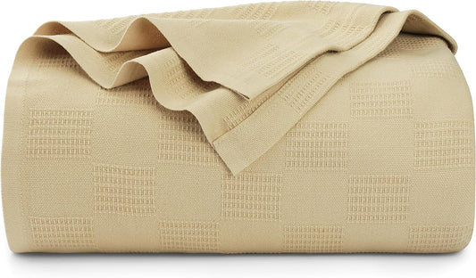 100% Cotton Blanket (Queen Size - 90x90 Inches) 350GSM Lightweight Thermal Blanket, Soft Breathable Blanket for All Seasons (Tan)