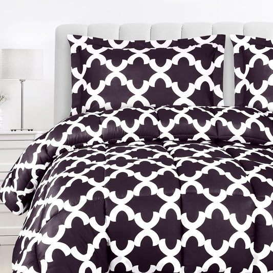 - Comforter Bedding Set with 2 Pillow Shams - 3 Pieces Bedding Comforter Sets - Down Alternative Comforter - Soft and Comfortable - Machine Washable, Quatrefoil Plum, Queen